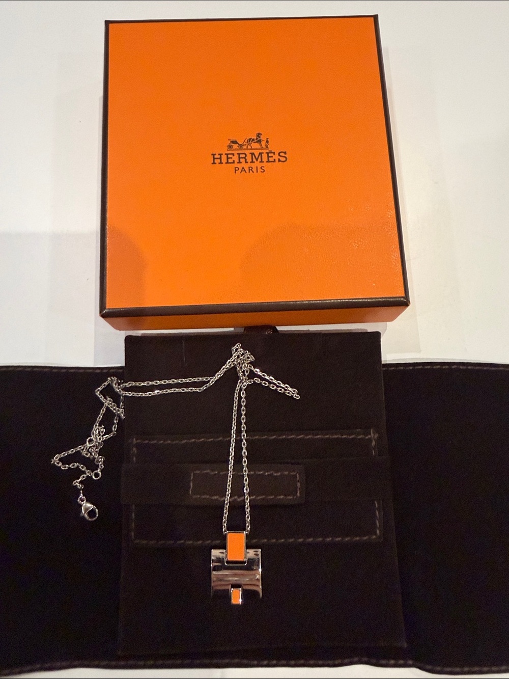 Hermes Silver H Pendant Necklace with Orange Enamel